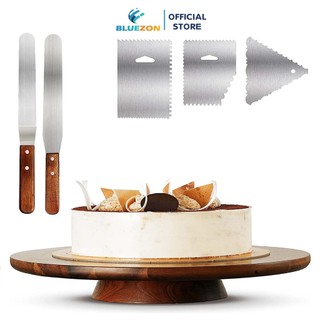 Đế xoay bánh kem bluezon bằng gỗ 33cm, kèm 5 dao chà láng