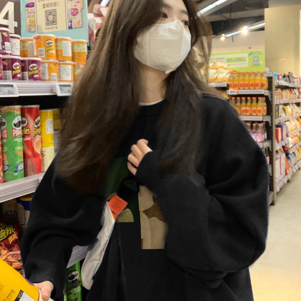 Porozi  Áo hoodie nữ áo khoác nữ tay dài cổ tròn in hình phong cách Hàn Quốc cho nữ