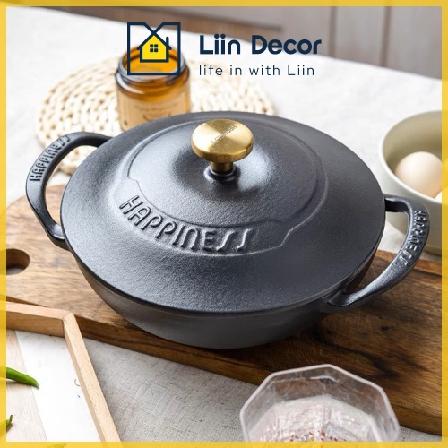 Nồi Gang Happiness Kho Thịt Cá, Nồi Gang Nguyên Khối Chống Dính Dùng Được Trên Bếp Từ LIIN DECOR