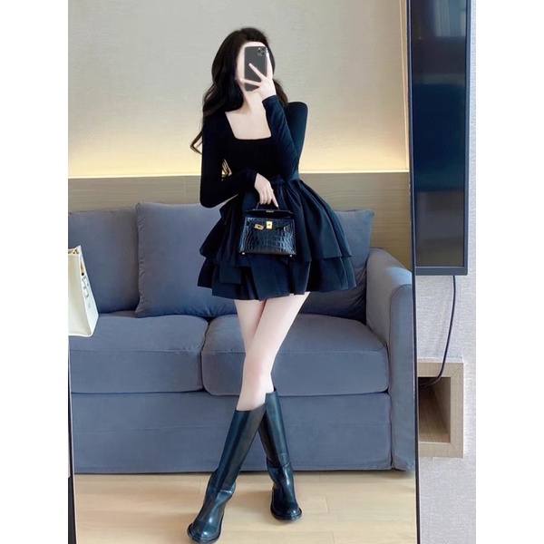 Váy thun đen chân váy tầng xếp ly thắt nơ