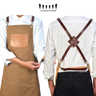 Tạp dề pha chế vải canvas dây da của Junsleather phối da bò cao cấp dành cho Barista/Bartender