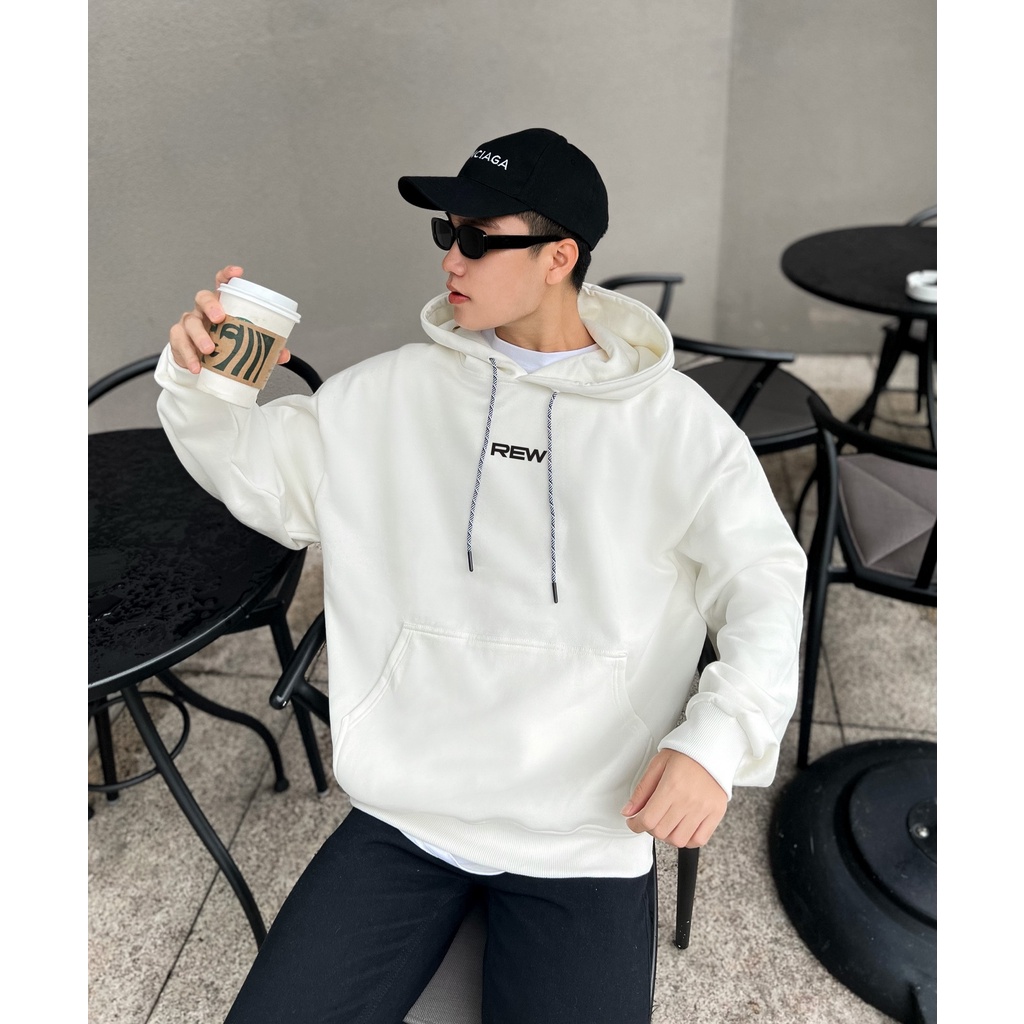 Áo Hoodie trắng form rộng 100% Cotton REW