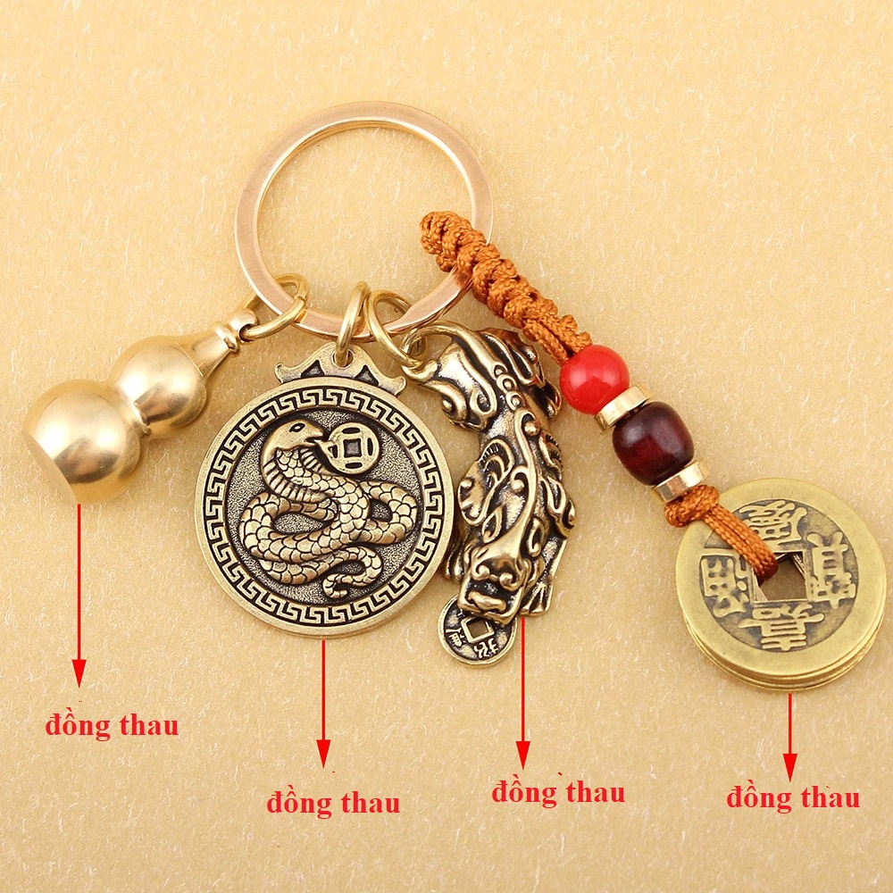 Móc Khóa Trang Trí Bằng Đồng Thau Phong Thủy Mix 4 Món Tỳ Hươu Nằm,Bầu Rỗng,Dây Vàng 5 Ngũ Đế,Mặt Đồng Xu-ST01