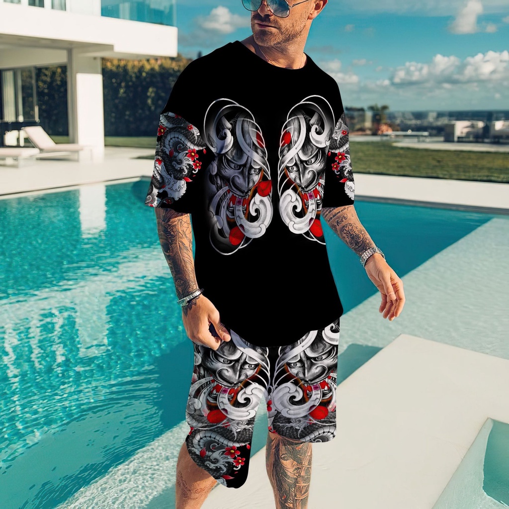 Set Áo Thun In Hình Mặt Nạ Samurai Oni 3D Và Quần Short Thời Trang Mùa Hè Cho Nam Và Nữ
