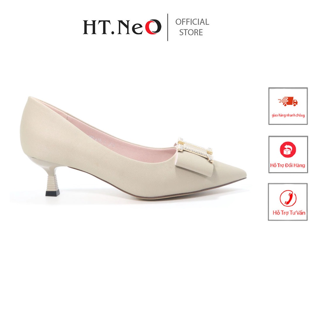 Giày cao gót - Giày công sở nữ HT.NEO da bò thật , gót cao 3cm thiết kế nơ vuông đính đá sang trọng ,lịch sự GC37