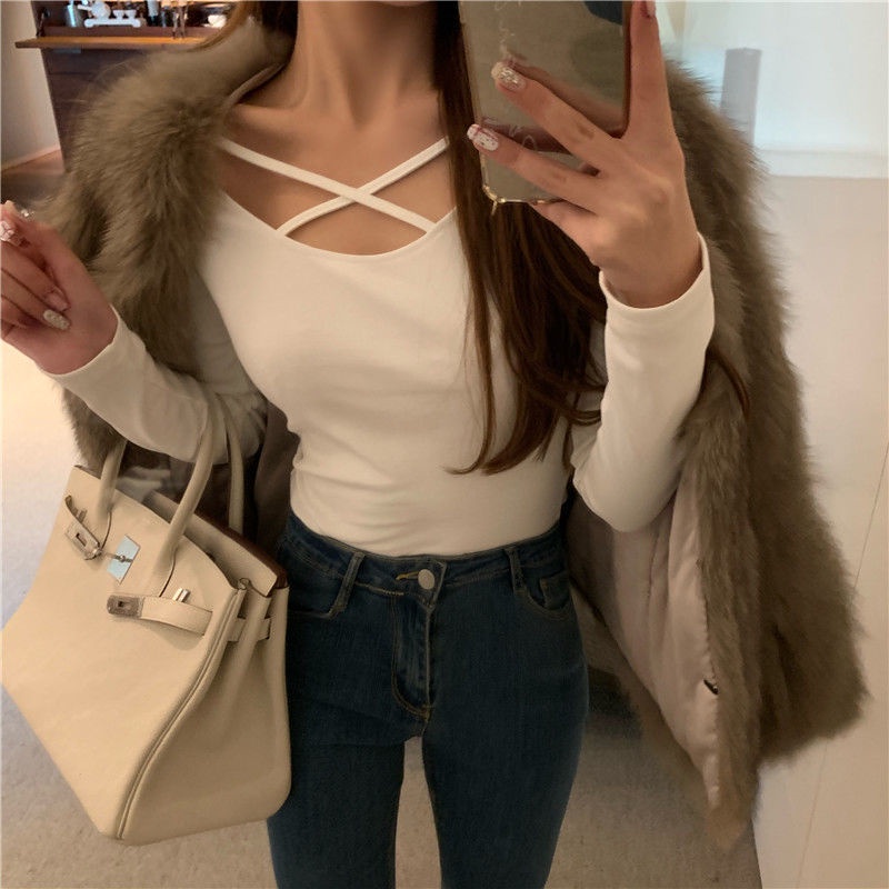 IELGYÁo Thun Nữ Dài Tay Màu Sắc Trơn Phong Cách Hàn Quốc