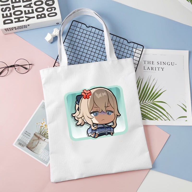 Túi tote vải đen trắng in hình GENSHIN IMPACT ver CHỮ NHẬT CHIBI game anime chibi tiện lợi thời trang đeo vai