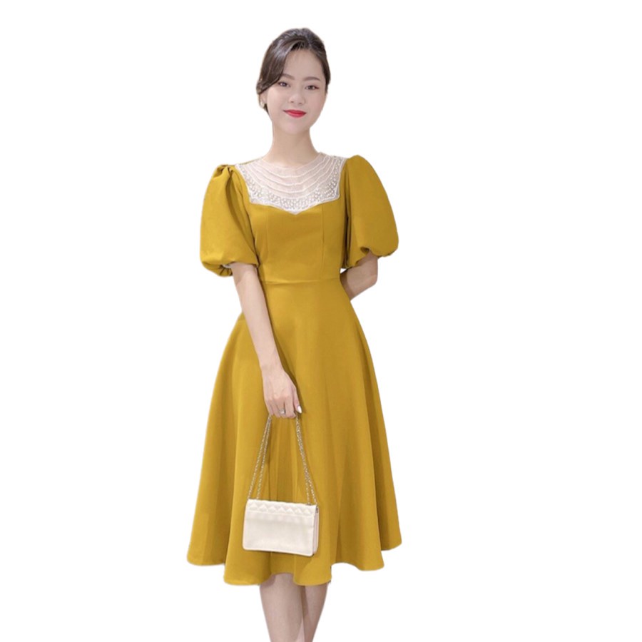 Đầm xòe công sở OXATYL cao cấp tay ngắn Cổ áo đính hạt cườm V35