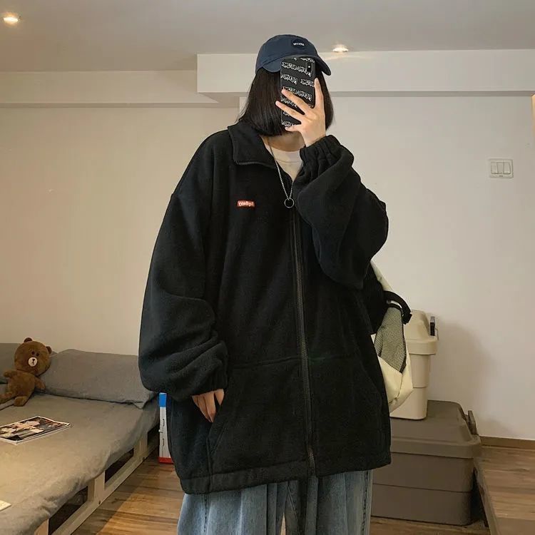 Áo Khoác Nhung Dày Dặn Cổ Đứng Dáng Rộng Phong Cách Hàn Quốc Cho Nữ