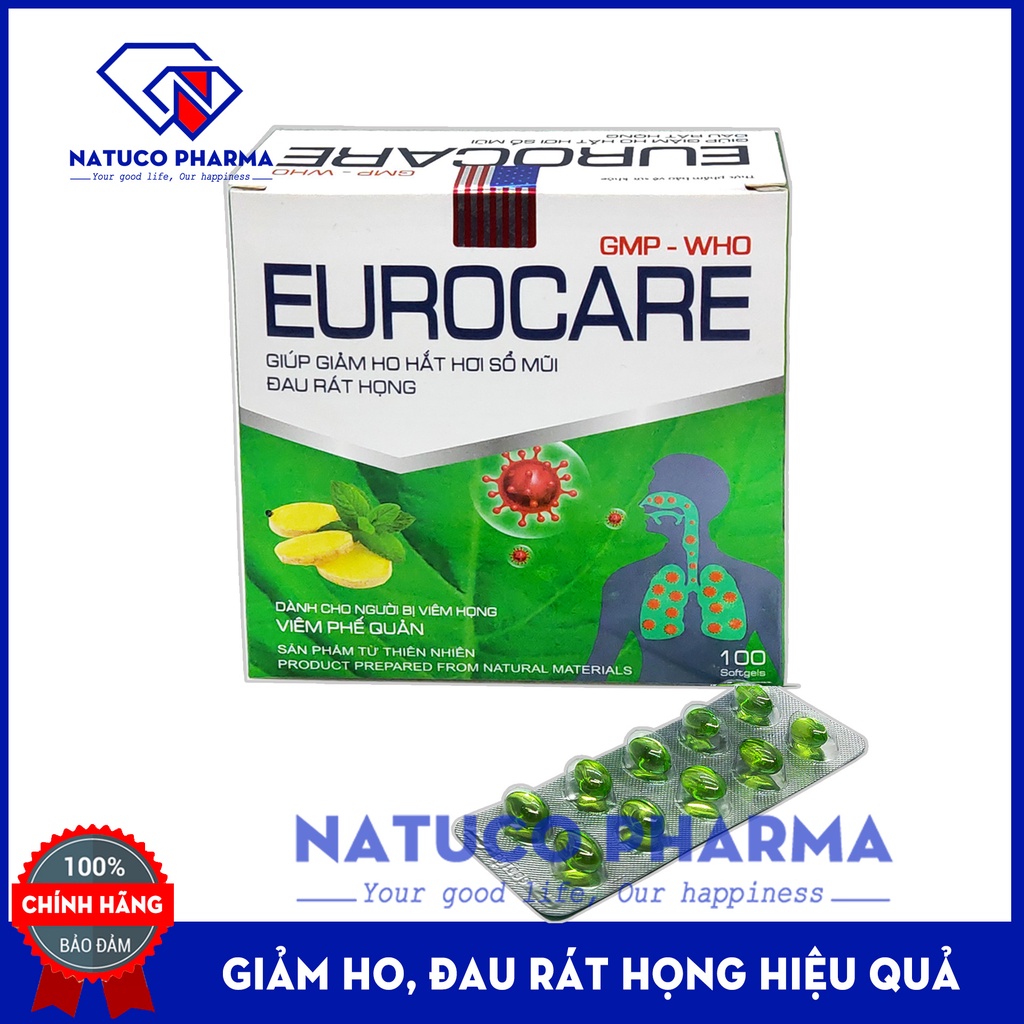 Viên uống giảm ho, giảm đau rát họng EUROCARE - giảm ho, nghẹt mũi, sổ mũi hiệu quả từ tinh dầu tràm, tinh dầu gừng
