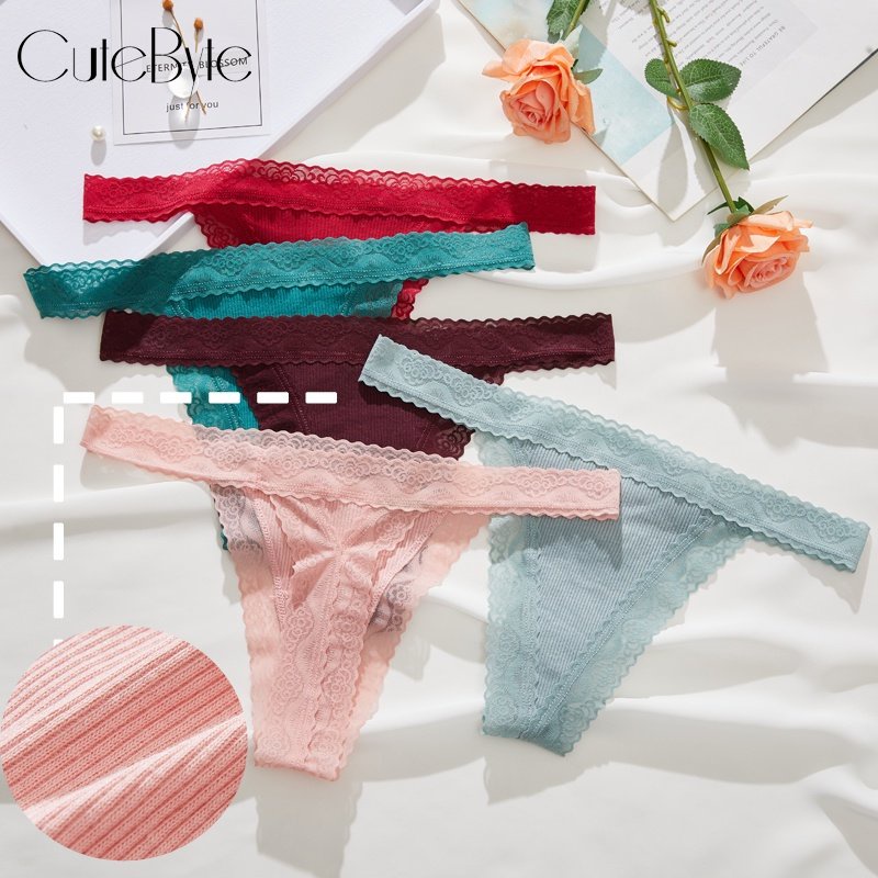 Cute Byte Quần Lót Cotton Phối Ren Chữ V 7 Màu Dễ Thương Size S-XL