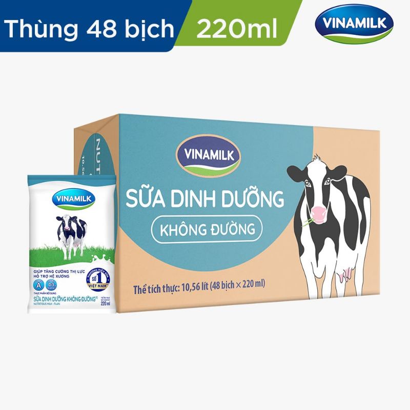 THÙNG 48 bịch sữa dinh dưỡng Vinamilk không đường - 220ml x 48 bịch