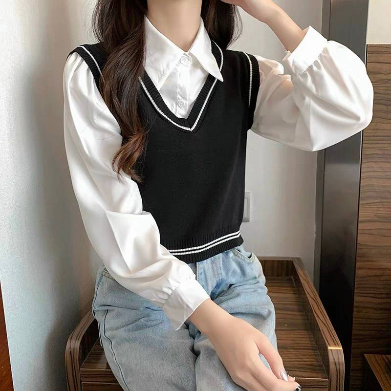 [L2M] Áo len nữ Montoghi Quảng Châu GILE kiểu 2 lớp TAY DÀI phối cổ sơ mi xinh xắn