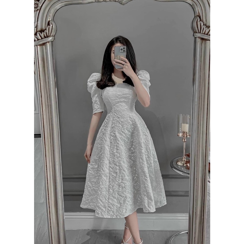 [12/12 Sale Freeship] Đầm cổ vuông chất gấm sang trọng,đầm gấm có mút dập hoa nổi tay ngắn dáng xòe đi tiệc cực đẹp dx