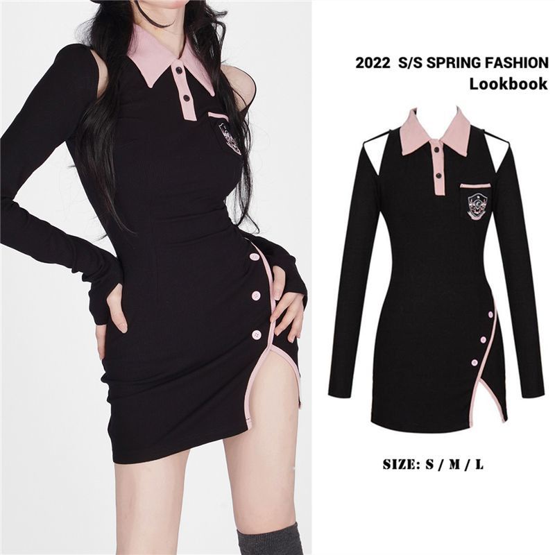 Y2k Váy polo Tay Dài Ôm Eo Xẻ Tà Cài Nút Màu Đen Ngọt Ngào Thời Trang Xuân Thu Mới Dành Cho Bạn Nữ