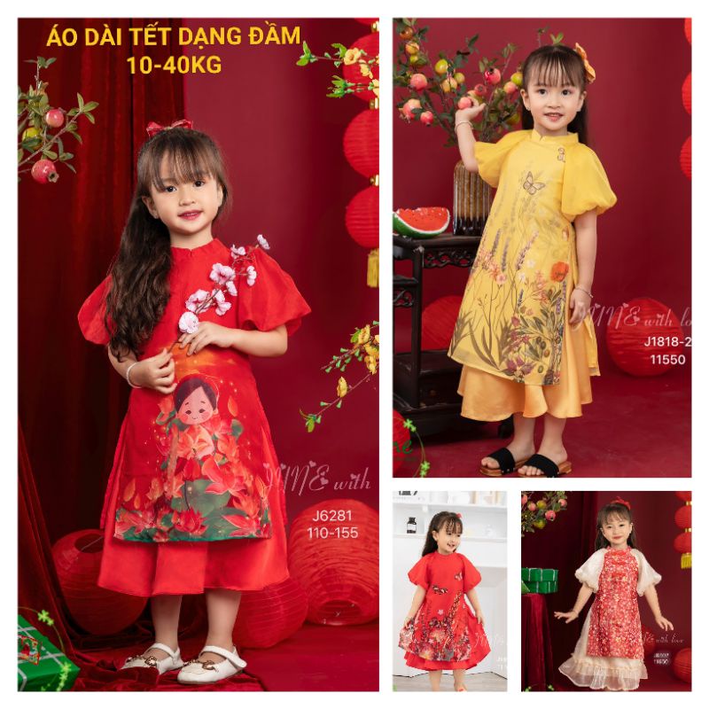 ÁO DÀI TẾT DẠNG ĐẦM VÁY VOAN TƠ TAY PHỒNG CÁCH TÂN BÉ GÁI HAIVANCO 10 đến 40 kg mềm mại và thoáng mát hoa văn độc đáo