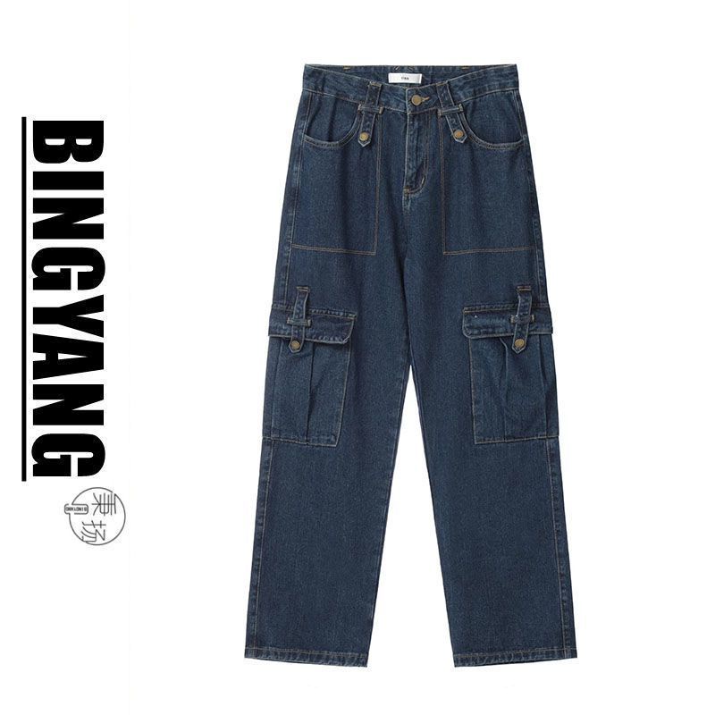 Quần Jean Dài Dáng Rộng Nhiều Túi Phong Cách Retro Mỹ Thời Trang Mùa Xuân Thu Giản Dị Dành Cho Nữ Và Nam