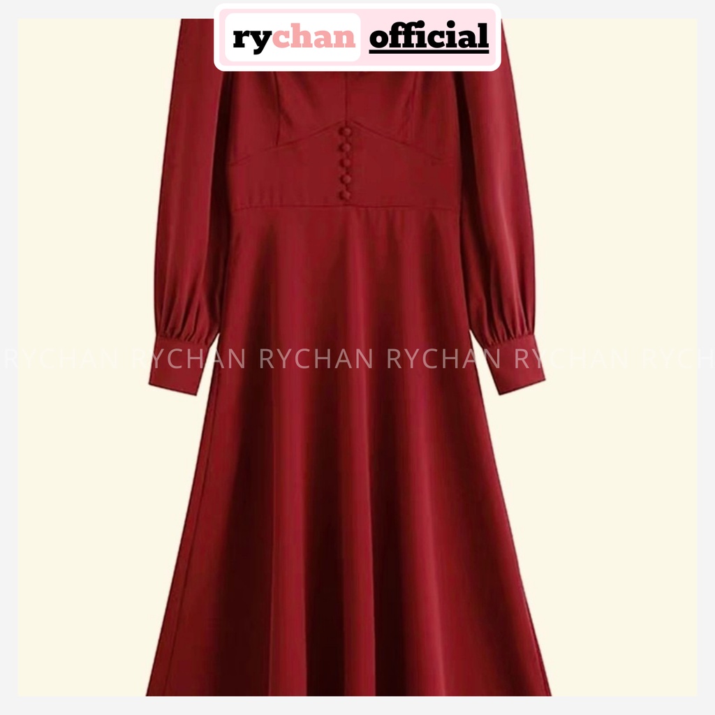 [ẢNH THẬT CUỐI] Đầm Đi Chơi Dáng Dài Xòe Basic Phối Nút Xinh Xắn, Đầm Cổ Vuông Tay Dài Sành Điệu Màu Đen Màu Đỏ-DX105