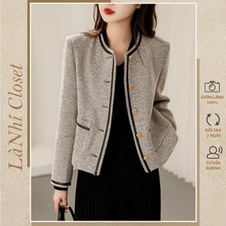 Áo khoác dạ xám tweed phong cách tiểu thư, hoàng gia dáng ngắn cổ tròn dạ dày dặn