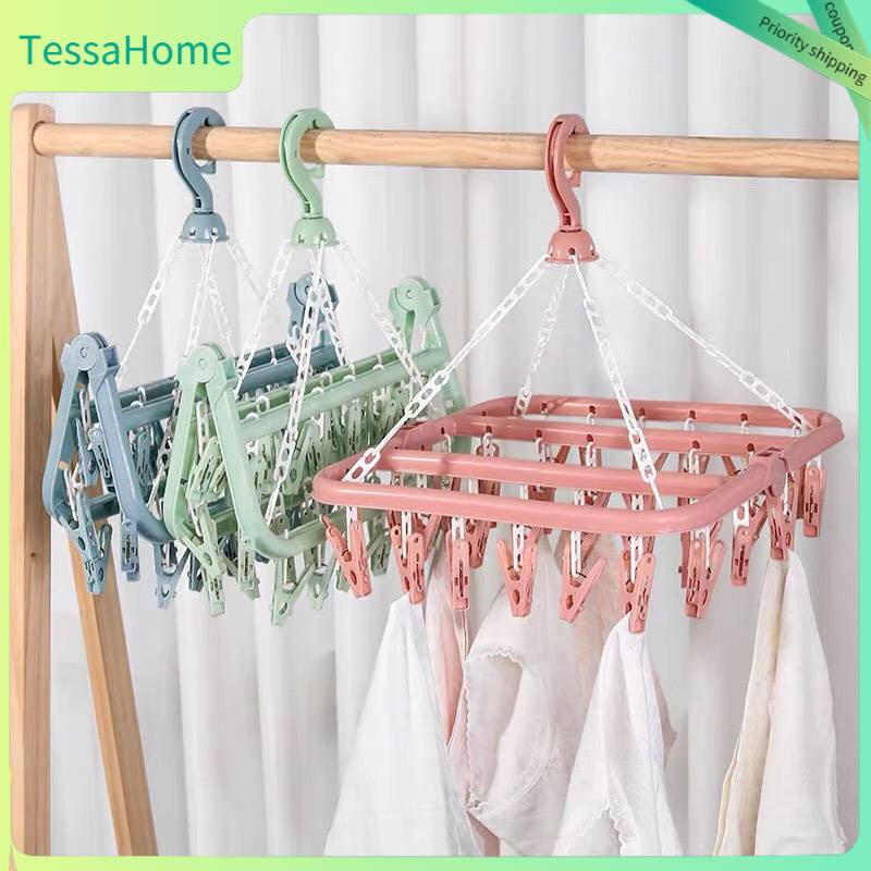 32 Kẹp Móc Treo Gấp Xoay 360 Độ Giá Đồ Giặt Gia Đình Có Khóa Chống Gió Phơi
