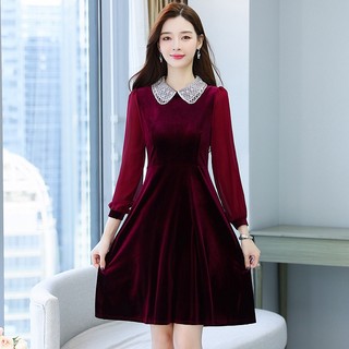 Đầm Nhung Tay Dài Cổ Búp Bê Ôm Eo Nhỏ Nhắn Thời Trang Xuân Thu Phong Cách Mới Cho Nữ