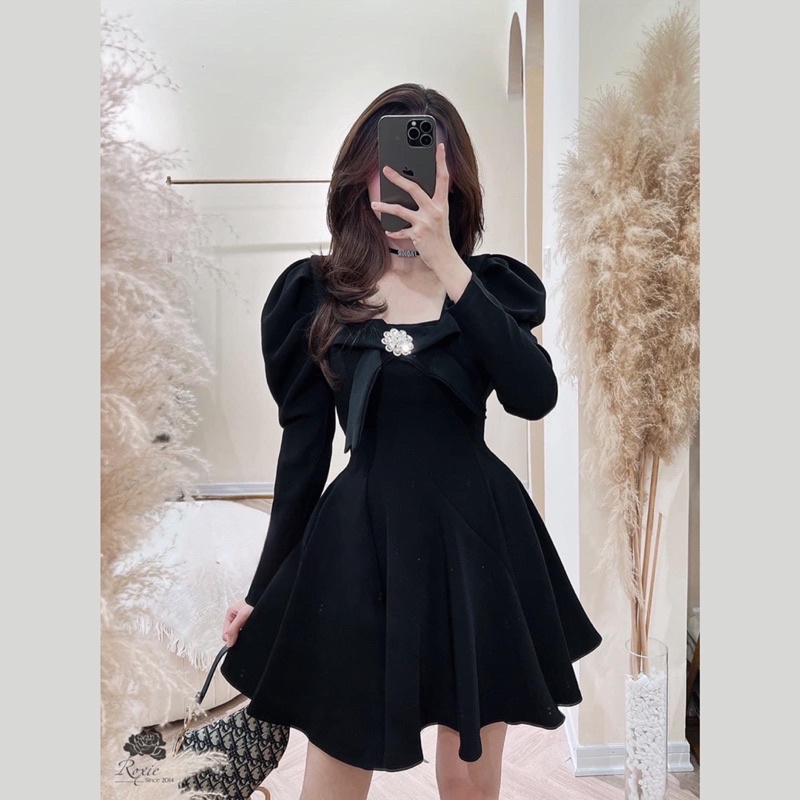 VÁY NHUNG CỔ VUÔNG CÓ NƠ CỔ, VÁY TIỂU THƯ MẦU ĐEN, ĐỎ - PAHA SHOP