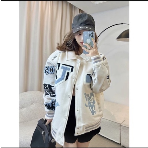 Áo Khoác Varsity Jacket LV Trắng Nỉ Dạ Tay Da  Cao Cấp Cho Nam Nữ