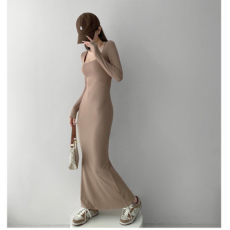 Đầm COZOKC dài tay cổ vuông thiết kế quyến rũ thời trang