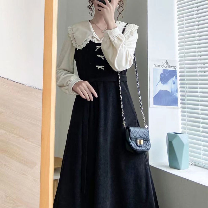 IELGY IELGY Đầm Tay Dài Cổ Chữ v plus size Phong Cách retro Dành Cho Nữ