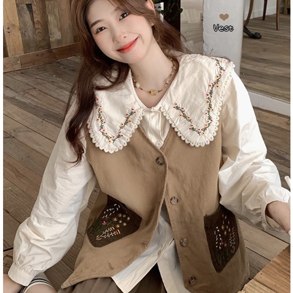 Áo khoác gile nữ kiểu trơn màu túi thêu hoa vintage, gile nữ phối sơ mi form rộng cổ thêu viền hoa 3277