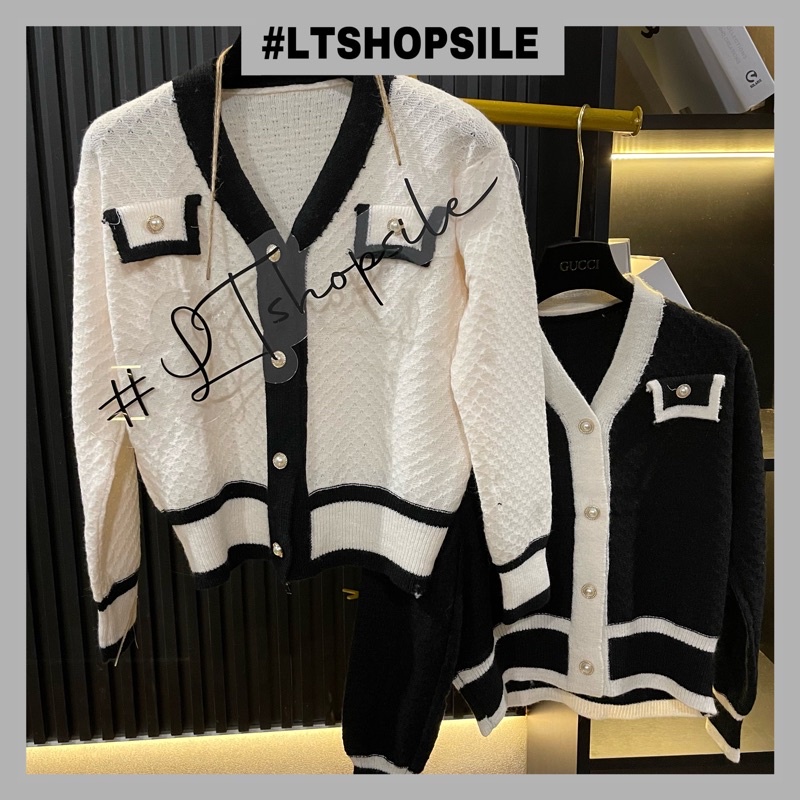 Áo khoác len Cadigan viền trắng,đen khuy ngọc cực sang, len dày thu đông