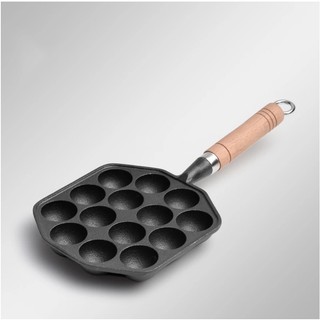 Khuôn Làm Bánh Bạch Tuộc Takoyaki Nhật Bản Bằng Gang Size 12/14/16 Lỗ Tay Cầm Gỗ Dùng Được Bếp Từ