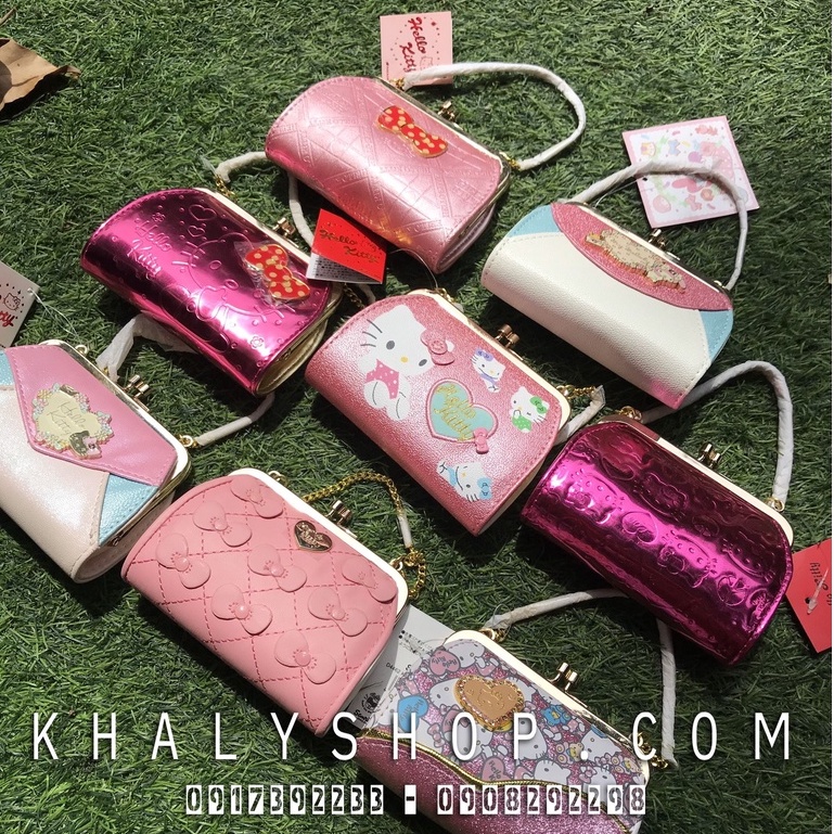 Bóp ví tiền cầm tay có quai xách nút bật da mềm kiểu dáng Hello Kitty nơ 3D màu hồng siêu dễ thương 🌺🎀