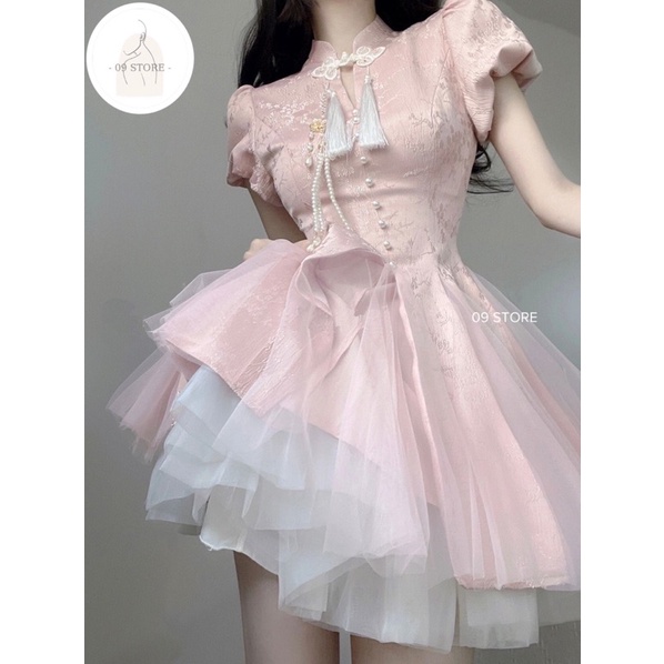 Đầm nữ ngắn sườn xám xoè cổ áo cách tân lễ Tết phong cách Hán phục