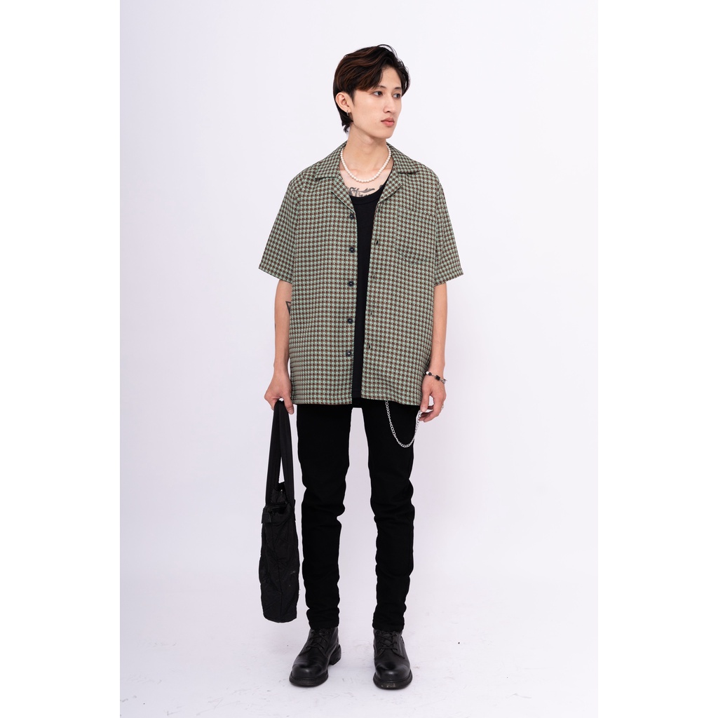 Áo Sơ Mi Nam Cổ Danton Tay Ngắn - M o N. SPECIAL DIAMOND MINT Shirt - Họa Tiết Caro Kim Cương Mint Nâu Vải Bố