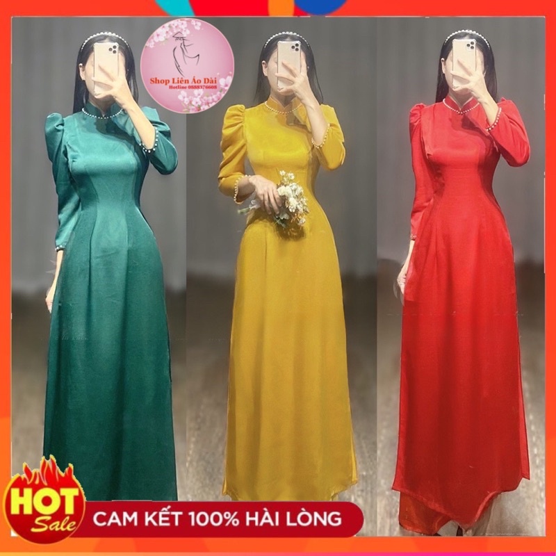 Áo dài cách tân tay vai bồng cổ truyền thống, tay thiết kế bồng lỡ xinh
