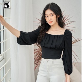 Áo sơ mi nữ kiểu croptop cổ vuông nhún ngực tay bồng Twentyfive N1014