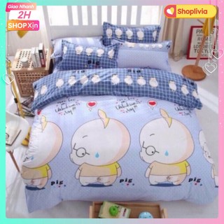 Bộ ga gối giường 1M2,1M6,1M8 mẫu heo xanh HCM05