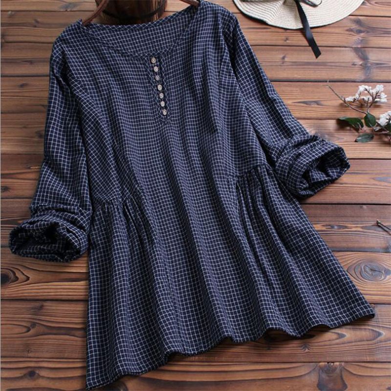 Áo Sơ Mi Dài Tay Chất Liệu Cotton Lanh Dáng Rộng Hoa Văn Kẻ Ô Giản Dị Dành Cho Nữ