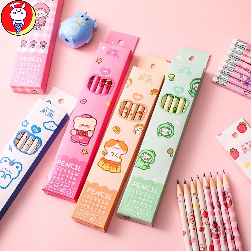 Bút chì chuốt HB bằng gỗ hình thú cưng dễ thương kèm gôm tẩy