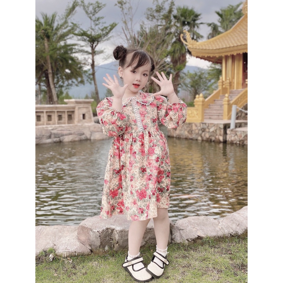 Váy thu đông cho bé gái từ 8-32kg chất nhung tăm in hoa đỏ cao cấp