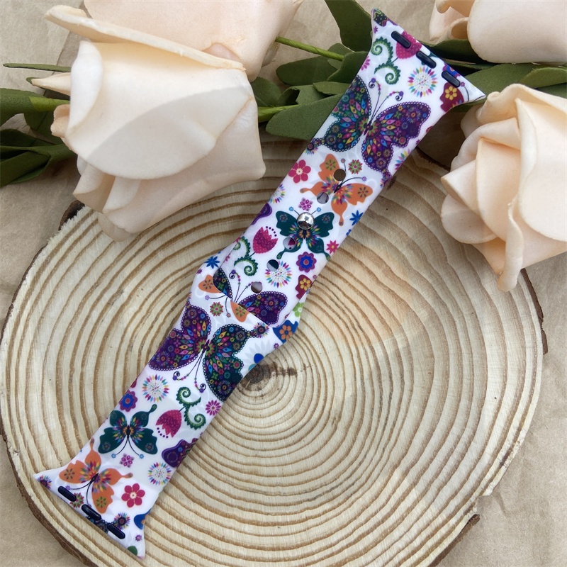 Dây Đồng Hồ Thông Minh Bằng Silicone In Hình Hoa &amp; Bướm Cho iWatch 7 / 6 / 5 / 4 / 3 / 2 / 1 / SE 38 / 40 / 41 / 42 / 44 / 45