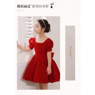 Đầm nhung đỏ cổ vuông nơ lưng cho bé