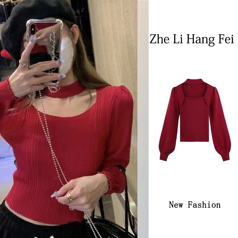 ZHELIHANGFEI Áo Dệt Kim Tay Dài Cổ Vuông Eo Cao Quyến Rũ Dễ Phối Đồ