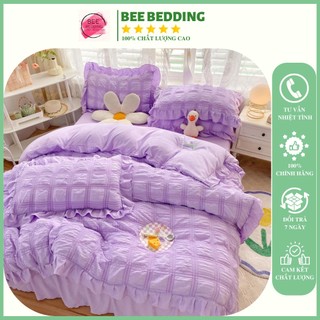 Bộ chăn ga gối cotton đũi giúm viền bèo mẫu mới năm 2022