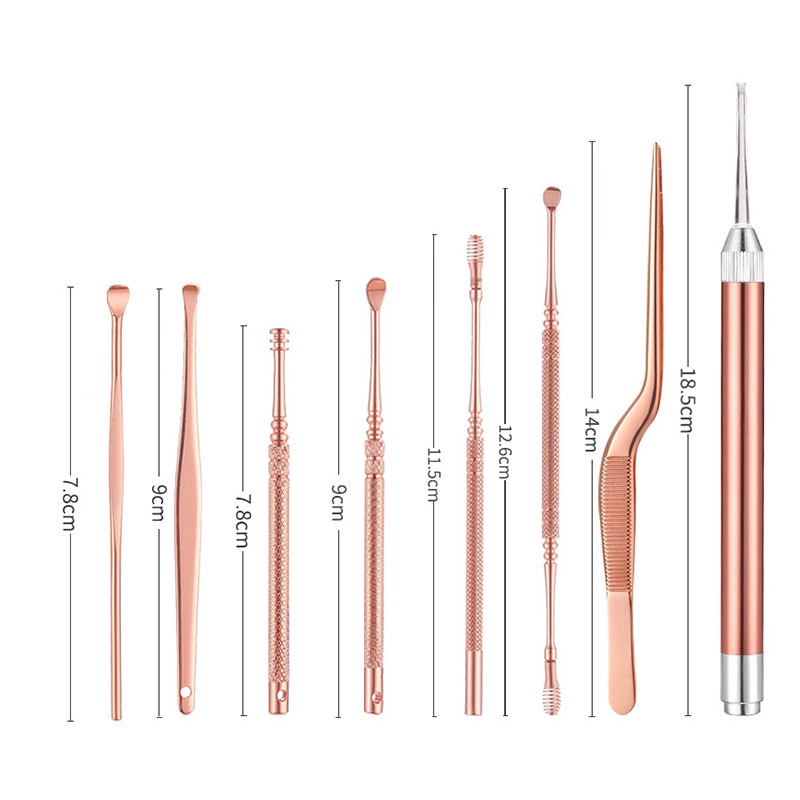 Bộ lấy ráy tai có đèn cho bé và người lớn, dụng cụ vệ sinh tai cao cấp cho gia đình 9 món