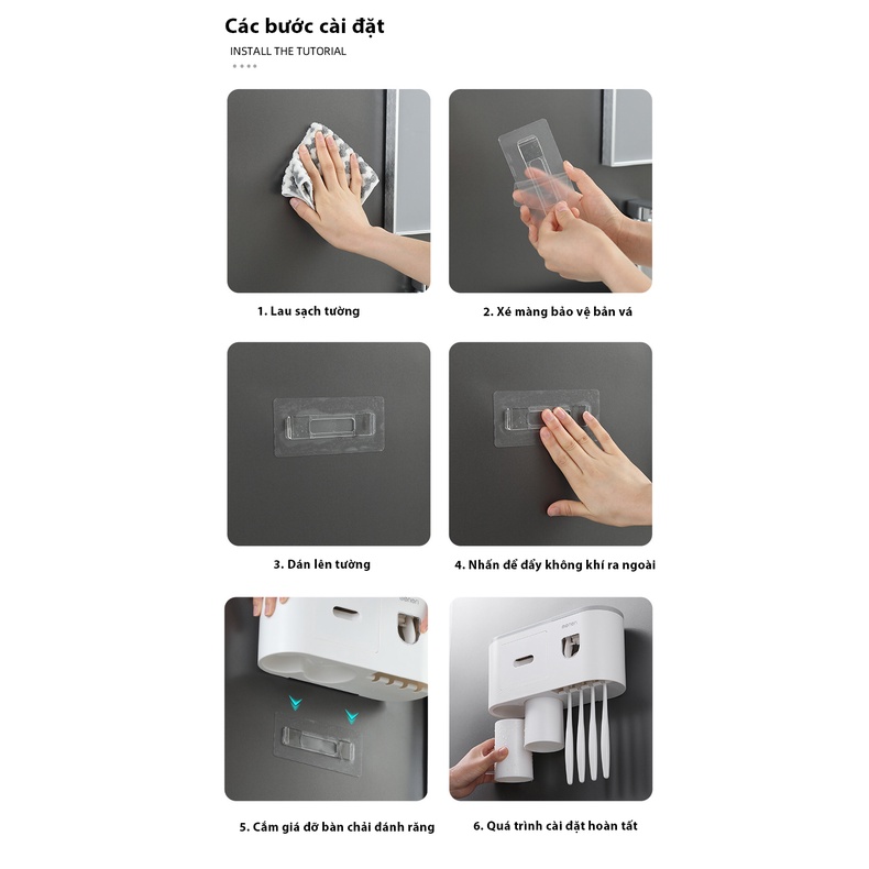 Bộ Nhả Kem Đánh Răng Tự Động - Kệ Treo Bàn Chải Dán Tường Kèm Cốc Hút Nam Châm，Không đấm và không làm hỏng tường