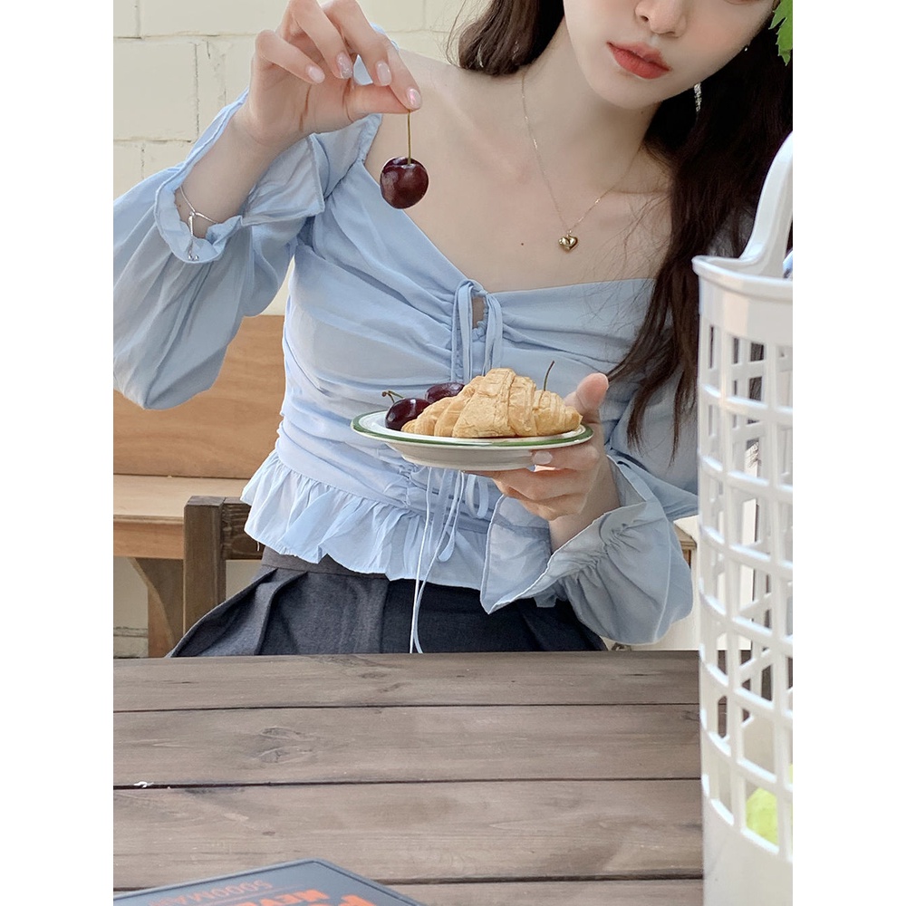 👗Trang phục Junyi💗 Áo Sơ Mi Tay Phồng Cổ Vuông Phong Cách Retro Pháp Thời Trang Mùa Xuân Dành Cho Nữ