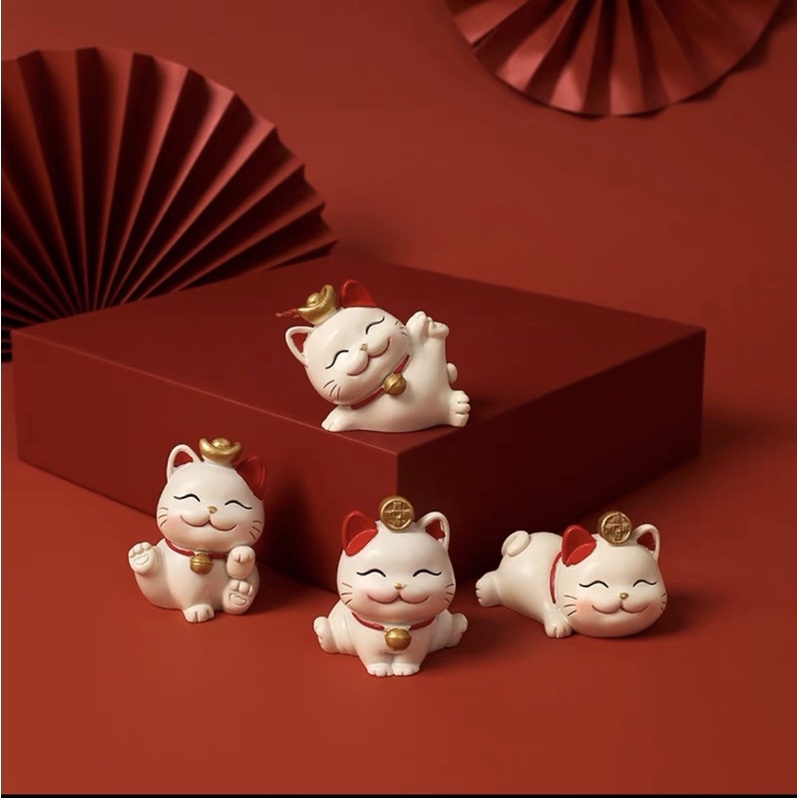 Set 4 mèo thần tài may mắn để bàn trang trí ô tô dùng làm quà tặng, bày bàn làm việc, góc học tập