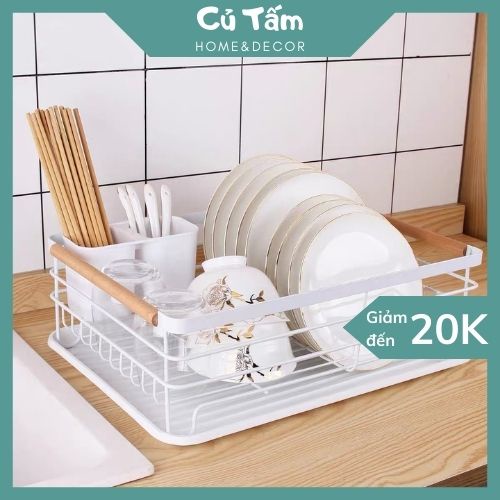 Kệ úp chén bát, giá úp chén bát một tầng kèm khay thoát nước tiện dụng có tay cầm bằng gỗ